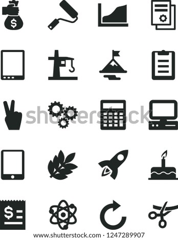 Solid Black Vector Icon Set - clockwise vector, calculator, cake, new roller, tower crane, three gears, article on the dollar, scientific publication, computer, tablet pc, atom, clipboard, biology