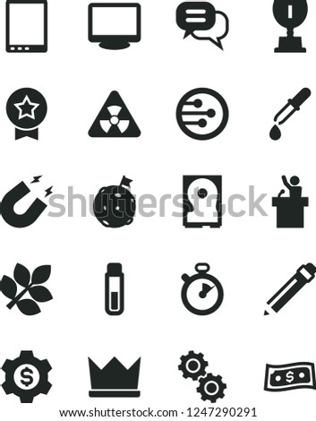 Solid Black Vector Icon Set - graphite pencil vector, tablet pc, monitor, hdd, network, test tube, nuclear, gears, pipette, magnet, biology, stopwatch, award, flag on moon, star medal, dialog, crown