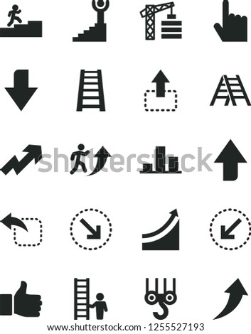 Solid Black Vector Icon Set - upward direction vector, downward, growth up, tower crane, winch hook, stepladder, ladder, left bottom arrow, index finger, move, right, chart, man, carrer stairway