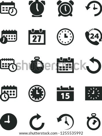 Solid Black Vector Icon Set - daily calendar vector, clock face, alarm, clockwise, counterclockwise, wall, timer, 24, watch, black, agenda, schedule, history, stopwatch
