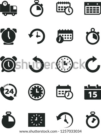 Solid Black Vector Icon Set - stopwatch vector, clock face, alarm, clockwise, counterclockwise, calendar, timer, delivery, 24, wall, watch, black, agenda, schedule, history