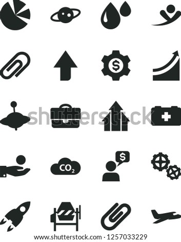 Solid Black Vector Icon Set - clip vector, upward direction, bag of a paramedic, yule, gears, concrete mixer, drop, CO2, portfolio, catch coin, pie charts, saturn, rocket, growth graph, arrows