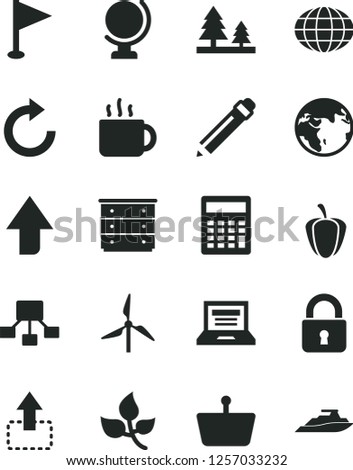 Solid Black Vector Icon Set - laptop vector, upward direction, graphite pencil, clockwise, calculator, pennant, chest of drawers, lock, globe, move up, cup tea, ripe pepper, leaves, windmill, forest