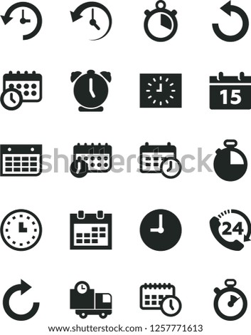 Solid Black Vector Icon Set - calendar vector, clockwise, counterclockwise, wall clock, alarm, timer, delivery, 24, watch, black, agenda, schedule, history, stopwatch