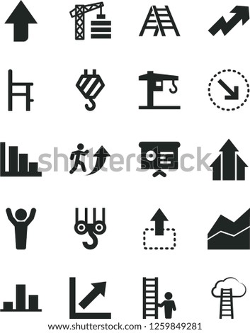 Solid Black Vector Icon Set - upward direction vector, growth up, line chart, positive histogram, a chair for feeding, crane, tower, hook, winch, ladder, move, right bottom arrow, financial report