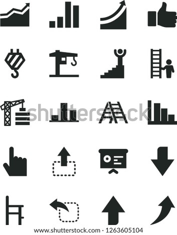 Solid Black Vector Icon Set - upward direction vector, downward, positive histogram, a chair for feeding, crane, tower, hook, ladder, index finger, move up, left, bar chart, financial report, arrow
