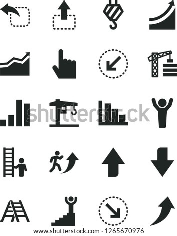 Solid Black Vector Icon Set - upward direction vector, downward, positive histogram, crane, tower, hook, ladder, left bottom arrow, index finger, move up, right, bar chart, man, growth graph, hands