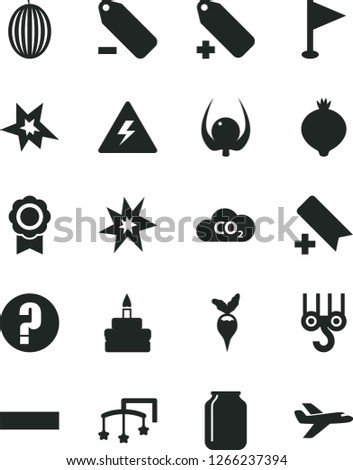 Solid Black Vector Icon Set - danger of electricity vector, add bookmark, minus, label, remove, pennant, question, toys over the cot, winch hook, birthday cake, medlar, melon, physalis, radish, CO2