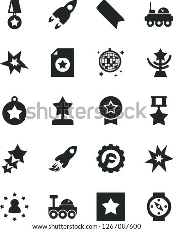 Solid Black Vector Icon Set - bookmark vector, star gear, space rocket, lunar rover, bang, cup, reward, medal, hero, certificate, stars around man, three, disco ball, compass