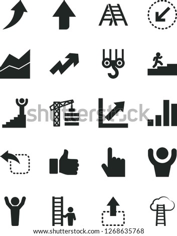 Solid Black Vector Icon Set - upward direction vector, growth up, line chart, tower crane, winch hook, ladder, left bottom arrow, index finger, move, bar, carrer stairway, winner, man hands, with