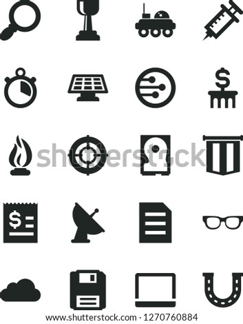 Solid Black Vector Icon Set - article on the dollar vector, notebook pc, hdd, network, floppy, magnifier, cloud, file, glasses, flame, sun panel, satellite antenna, lunar rover, syringe, stopwatch