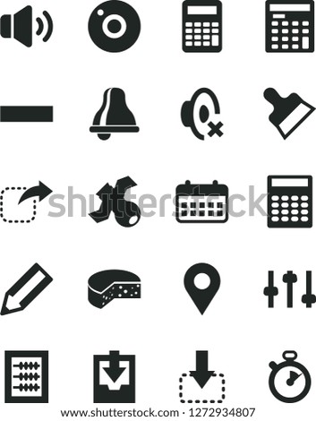 Solid Black Vector Icon Set - camera vector, bell, minus, silent mode, download archive data, new abacus, putty knife, volume, move down, right, cheese, location, pencil, calendar, settings