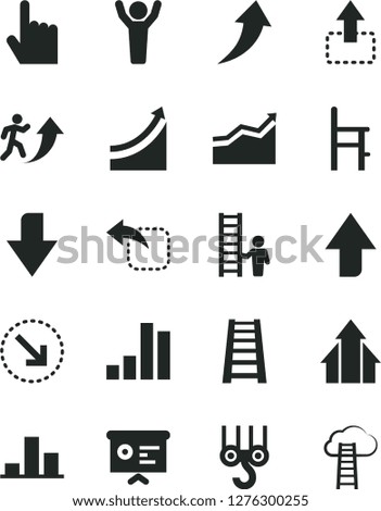 Solid Black Vector Icon Set - upward direction vector, downward, a chair for feeding, winch hook, stepladder, index finger, move up, left, right bottom arrow, bar chart, financial report, man, hands