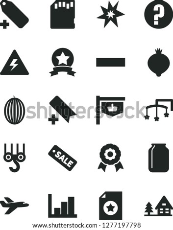 Solid Black Vector Icon Set - danger of electricity vector, add bookmark, minus, label, negative histogram, question, toys over the cot, winch hook, medlar, melon, jar, vintage sign, season sale