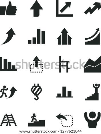 Solid Black Vector Icon Set - upward direction vector, growth up, line chart, positive histogram, a chair for feeding, hook, ladder, thumb, move, left, bar, man arrow, carrer stairway, graph, winner