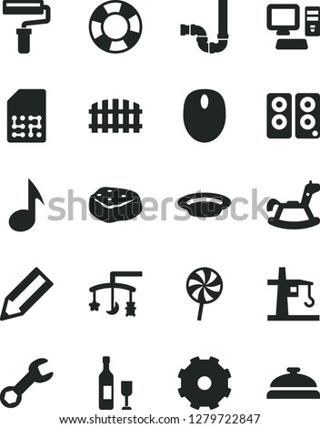 Solid Black Vector Icon Set - paint roller vector, truck lorry, toys over the cradle, rocking horse, siphon, fence, plate, piece of meat, lollipop, tower crane, SIM, pencil, computer, mouse, note