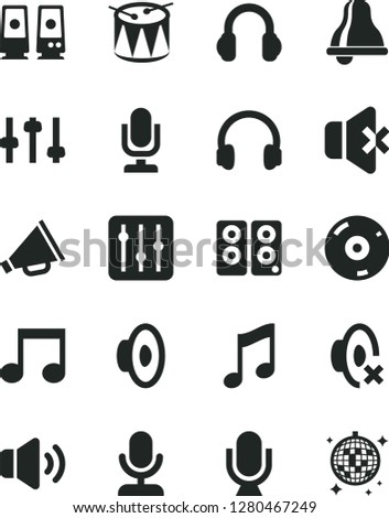 Solid Black Vector Icon Set - bell vector, desktop microphone, horn, loudspeaker, silent mode, drum, music, regulator, volume, no sound, cd, headphones, pc speaker, note, settings, disco ball