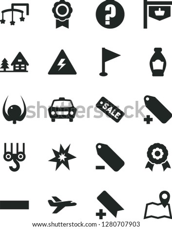 Solid Black Vector Icon Set - danger of electricity vector, add bookmark, minus, label, remove, pennant, question, toys over the cot, winch hook, car, bottle, physalis, vintage sign, season sale