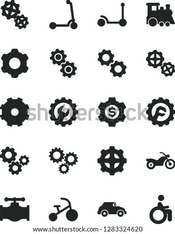 Solid Black Vector Icon Set - truck lorry vector, children's train, tricycle, Kick scooter, child, gears, cogwheel, gear, star, valve, retro car, three, dollar, motorcycle, disabled