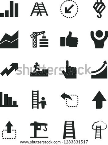 Solid Black Vector Icon Set - upward direction vector, growth up, line chart, positive histogram, crane, tower, hook, stepladder, ladder, left bottom arrow, index finger, move, bar, carrer stairway