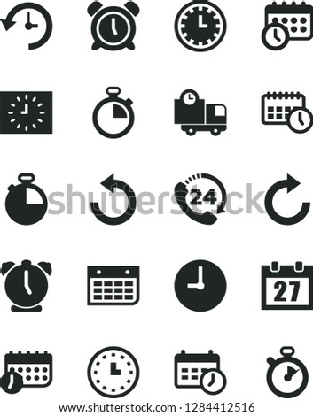 Solid Black Vector Icon Set - daily calendar vector, stopwatch, clock face, alarm, clockwise, counterclockwise, wall, timer, delivery, 24, watch, black, agenda, schedule, history