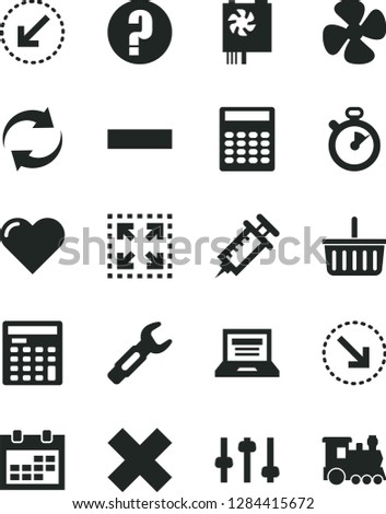 Solid Black Vector Icon Set - laptop vector, calendar, grocery basket, renewal, minus, cross, question, left bottom arrow, heart, size, right, fan screw, steel repair key, engineer calculator, train