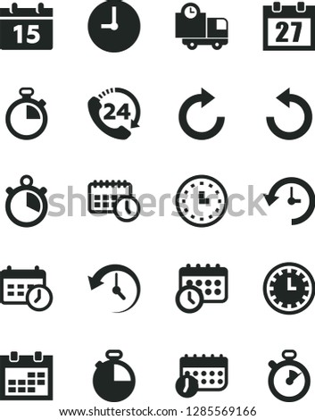 Solid Black Vector Icon Set - daily calendar vector, stopwatch, clock face, clockwise, counterclockwise, wall, timer, delivery, 24, watch, agenda, schedule, history