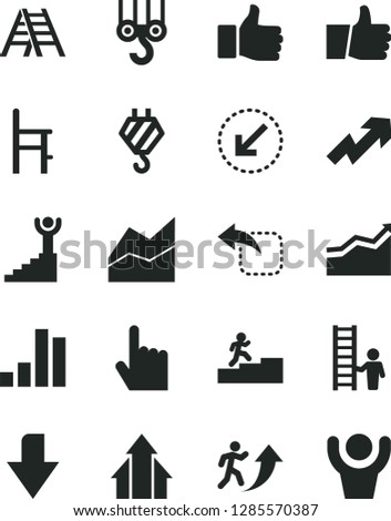 Solid Black Vector Icon Set - downward direction vector, growth up, line chart, a chair for feeding, hook, winch, ladder, left bottom arrow, index finger, thumb, move, bar, man, carrer stairway