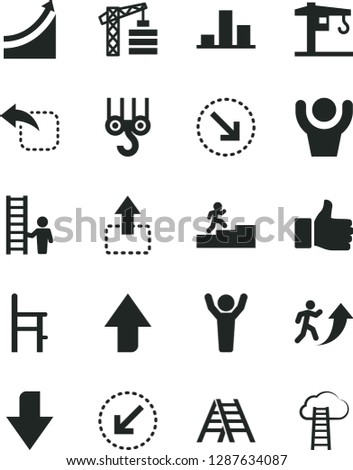 Solid Black Vector Icon Set - upward direction vector, downward, a chair for feeding, crane, tower, winch hook, ladder, left bottom arrow, move up, right, chart, finger, man, carrer stairway, hands