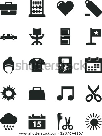 Solid Black Vector Icon Set - scissors vector, calendar, briefcase, remove label, accessories for a hairstyle, cloud, winter hat, abacus, interroom door, dangers, heart, T shirt, hand bag, note, sun