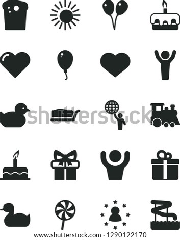 Solid Black Vector Icon Set - heart symbol vector, rubber duck, baby duckling, children's train, colored air balloons, balloon, cake, gift, Easter, slice, torte, lollipop, man hold world, hands up