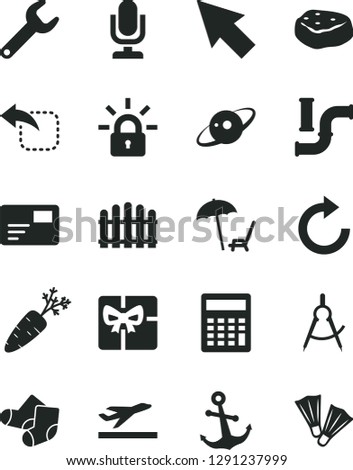 Solid Black Vector Icon Set - desktop microphone vector, clockwise, calculator, Knitted Socks, hedge, anchor, pass card, move left, piece of meat, carrot, water pipes, scribed compasses, repair key