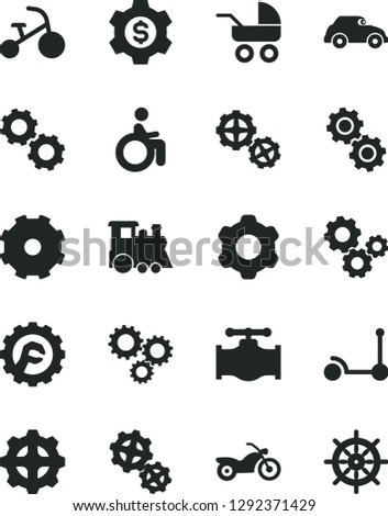 Solid Black Vector Icon Set - truck lorry vector, baby carriage, children's train, tricycle, Kick scooter, gears, cogwheel, star gear, valve, retro car, three, dollar, motorcycle, disabled