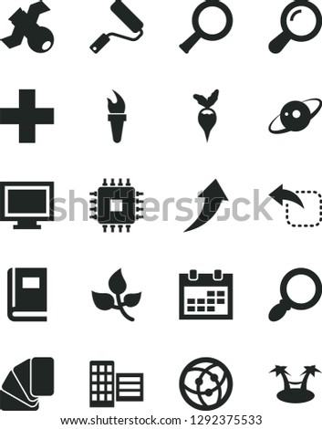 Solid Black Vector Icon Set - monitor window vector, calendar, plus, new roller, sample of colour, city block, move left, radish, leaves, cpu, network, magnifier, zoom, satellite, book, saturn