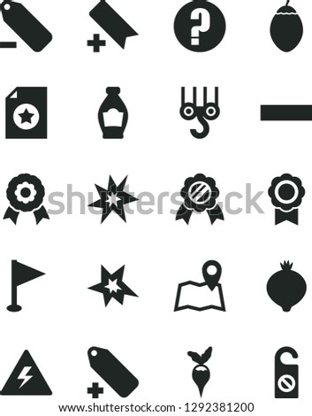 Solid Black Vector Icon Set - danger of electricity vector, add bookmark, minus, label, remove, pennant, question, winch hook, bottle, medlar, tamarillo, radish, medal, bang, star certificate, map