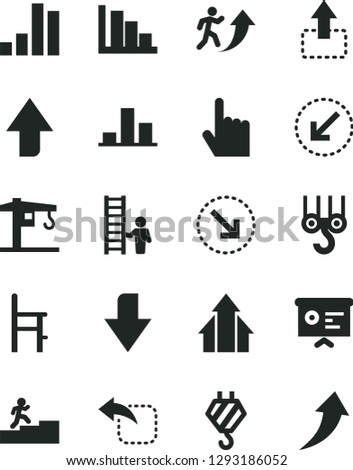 Solid Black Vector Icon Set - upward direction vector, downward, positive histogram, a chair for feeding, crane, hook, winch, left bottom arrow, index finger, move up, right, bar chart, man