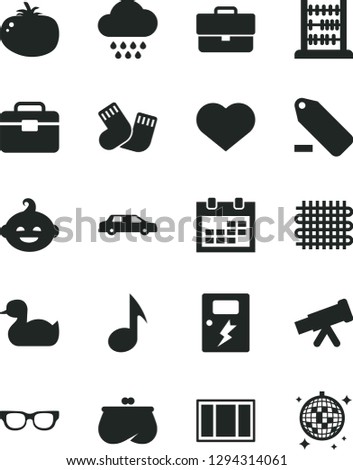 Solid Black Vector Icon Set - heart symbol vector, calendar, briefcase, remove label, rubber duck, cloud, warm socks, funny hairdo, abacus, window frame, portfolio, dangers, tomato, weaving, purse