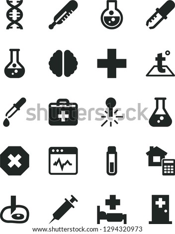 Solid Black Vector Icon Set - mark of injury vector, first aid kit, plus, mercury thermometer, estimate, temperature, cardiogram, flask, test tube, dna, brain, pipette, artifical insimination