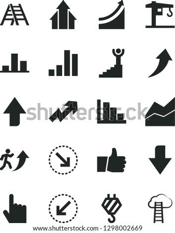 Solid Black Vector Icon Set - upward direction vector, downward, growth up, line chart, positive histogram, crane, hook, ladder, left bottom arrow, index finger, thumb, right, bar, man, graph, cloud