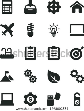 Solid Black Vector Icon Set - house vector, saving light bulb, put in a box, leaf, gear, notebook pc, usb flash, gears, clipboard, calculator, mountain flag, target, dollar, plane, pool