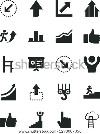 Solid Black Vector Icon Set - upward direction vector, growth chart, a chair for feeding, winch hook, left bottom arrow, index finger, thumb up, move, right, financial report, man, carrer stairway