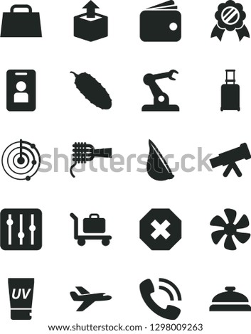 Solid Black Vector Icon Set - mark of injury vector, regulator, unpacking, noodles, cucumber, garlic, marine propeller, assembly robot, wallet, phone call, hand bag, telescope, radar, medal, baggage