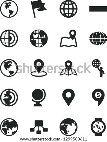 Solid Black Vector Icon Set - minus vector, map, globe, earth, flag, planet, location, geolocation, hierarchical scheme, core, man hold world, dollar pin, compass