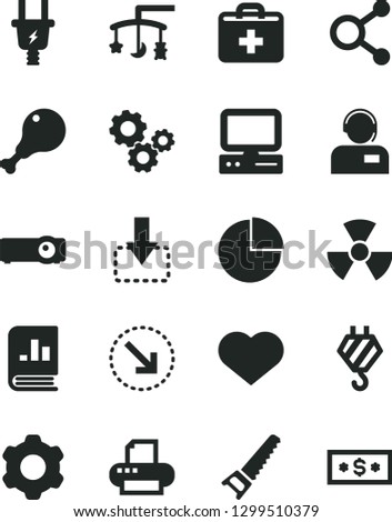 Solid Black Vector Icon Set - heart symbol vector, first aid kit, pie chart, toys over the cradle, hook, cogwheel, hand saw, operator, move down, right bottom arrow, chicken leg, electric plug