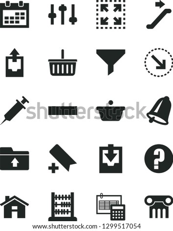 Solid Black Vector Icon Set - house vector, calendar, add bookmark, grocery basket, minus, upload archive data, download, folder, question, abacus, calculation, bell, size, right bottom arrow, pan