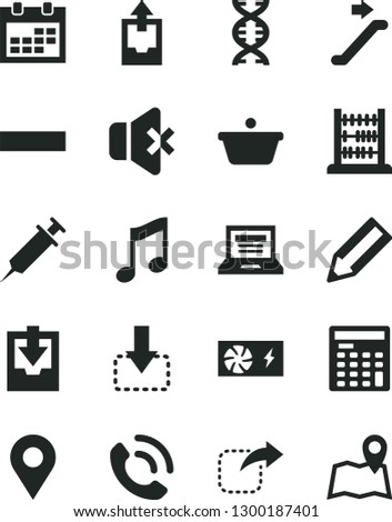 Solid Black Vector Icon Set - laptop vector, calendar, minus, upload archive data, download, abacus, music, no sound, phone call, move down, right, pan, location, pencil, engineer calculator, dna