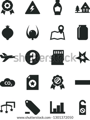 Solid Black Vector Icon Set - danger of electricity vector, minus, remove label, negative histogram, question, toys over the cot, bottle, medlar, physalis, CO2, jar, sd card, medal, bang, map