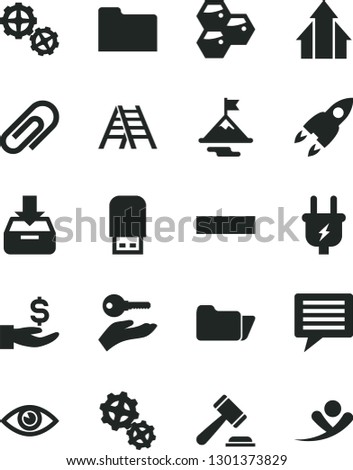 Solid Black Vector Icon Set - image of thought vector, clip, hammer a judge, minus, gears, ladder, eye, put in box, honeycombs, plug, get wage, usb flash, folder, rocket, growth arrows, motivation
