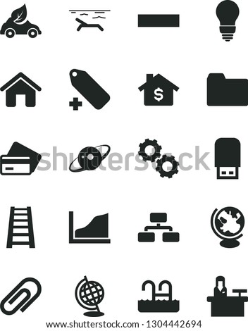 Solid Black Vector Icon Set - clip vector, folder, minus, add label, house, stepladder, bulb, flowchart, eco car, usb flash, gears, globe, growth graph, saturn, mortgage, credit card, beach, pool