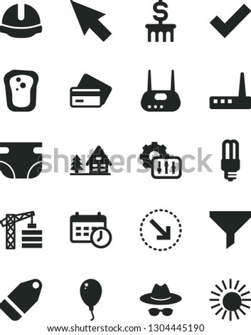 Solid Black Vector Icon Set - hat with glasses vector, check mark, nappy, balloon, tower crane, construction helmet, label, right bottom arrow, sandwich, mercury light bulb, filter, router, settings